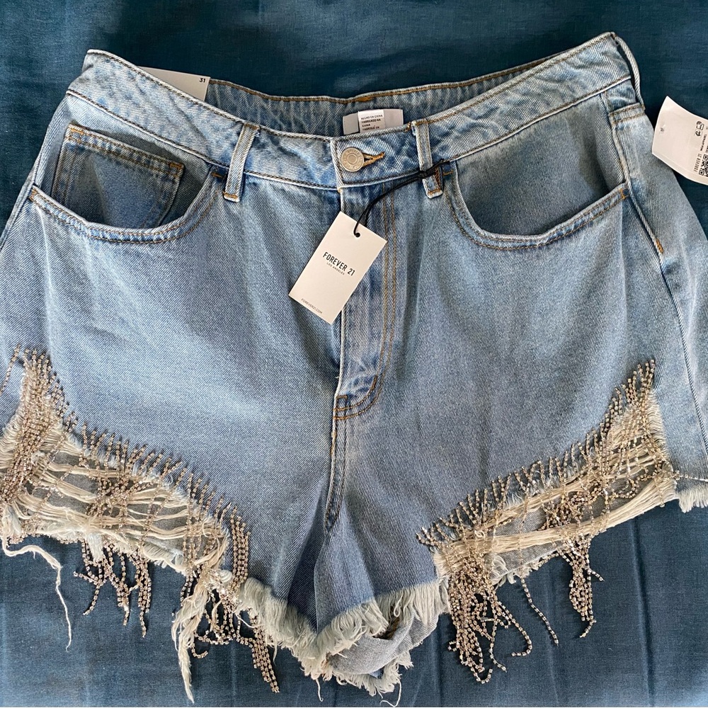 Rhinestone trimmed distressed denim shorts size 31 forever 21